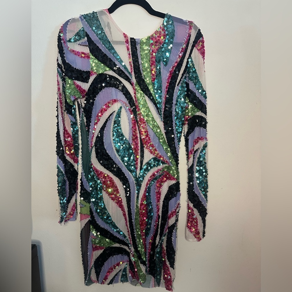 NWT PatBO Delos beaded sequin multi color long sleeve mesh mini dress 8 - Picture 7 of 12